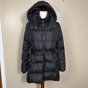 Coach Womens Black Belted Puffer Coat Sz L Hooded Long Down Jacket Winter Parka